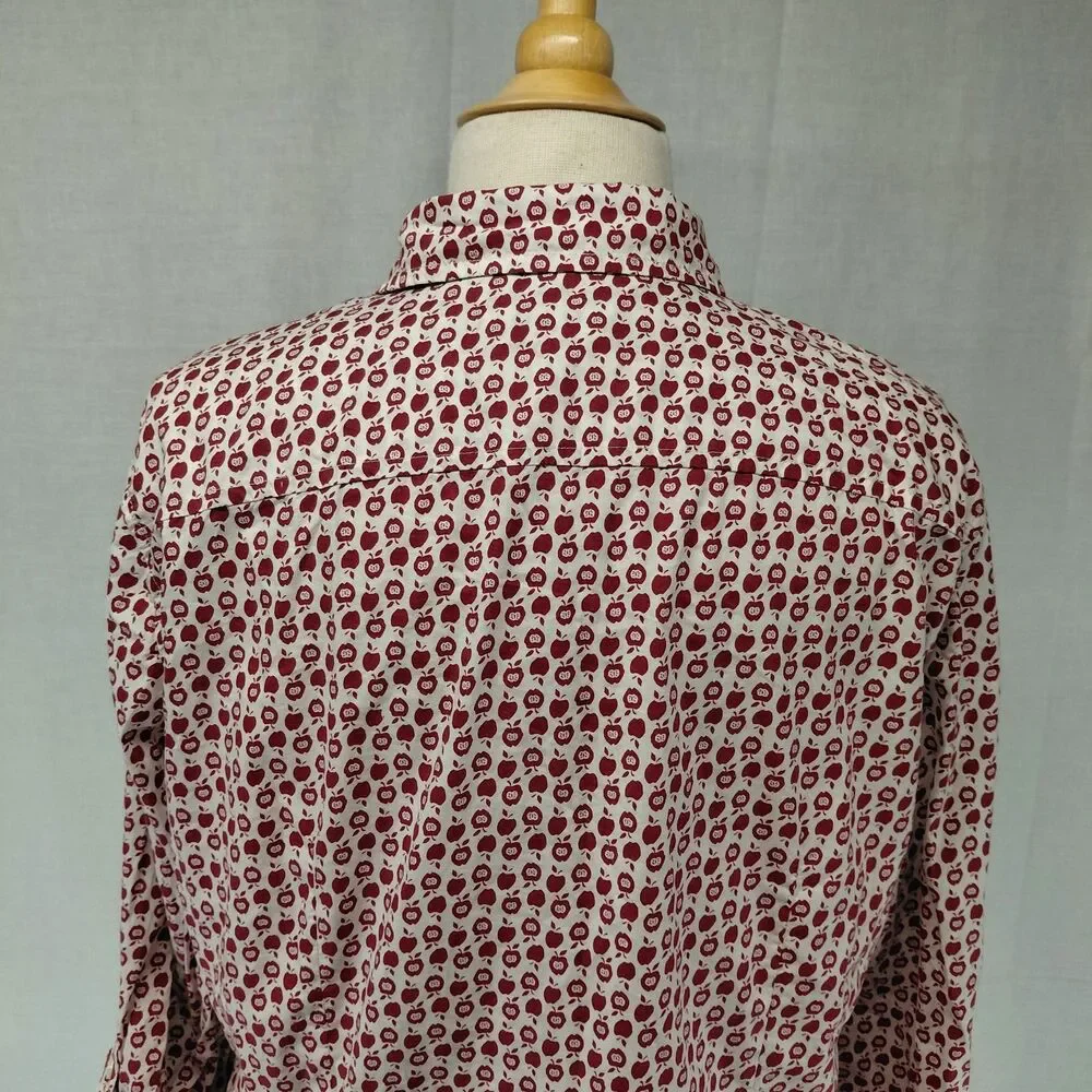 Talbots Apple Print Rolled LS Sleeve Button Down Blouse Red Size 16 - Picture 6 of 10